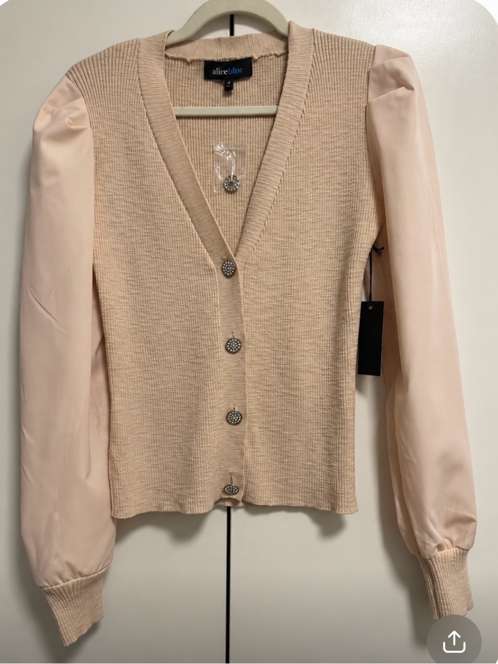 Alice Blue Blush Pink V-Neck Cardigan with Sheer Balloon Sleeves